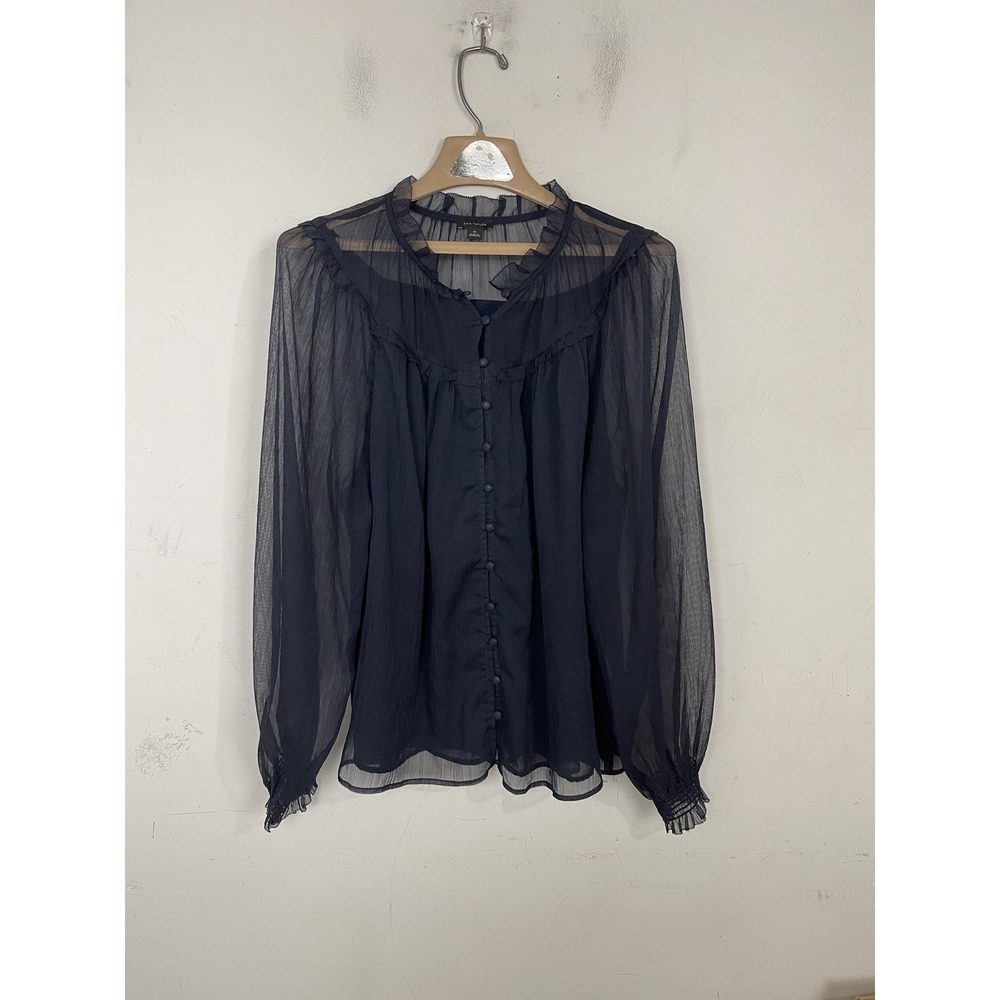 Ann Taylor Womens‎ XL Black Sheer Ruffle Mock Neck Long Sleeve Blouse Top - Picture 3 of 9
